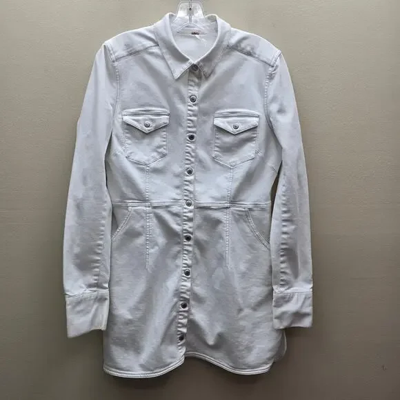 Free People Dynamite White Denim Mini Shirt Dress Snap Front Long Sleeves SZ Med - Picture 1 of 7